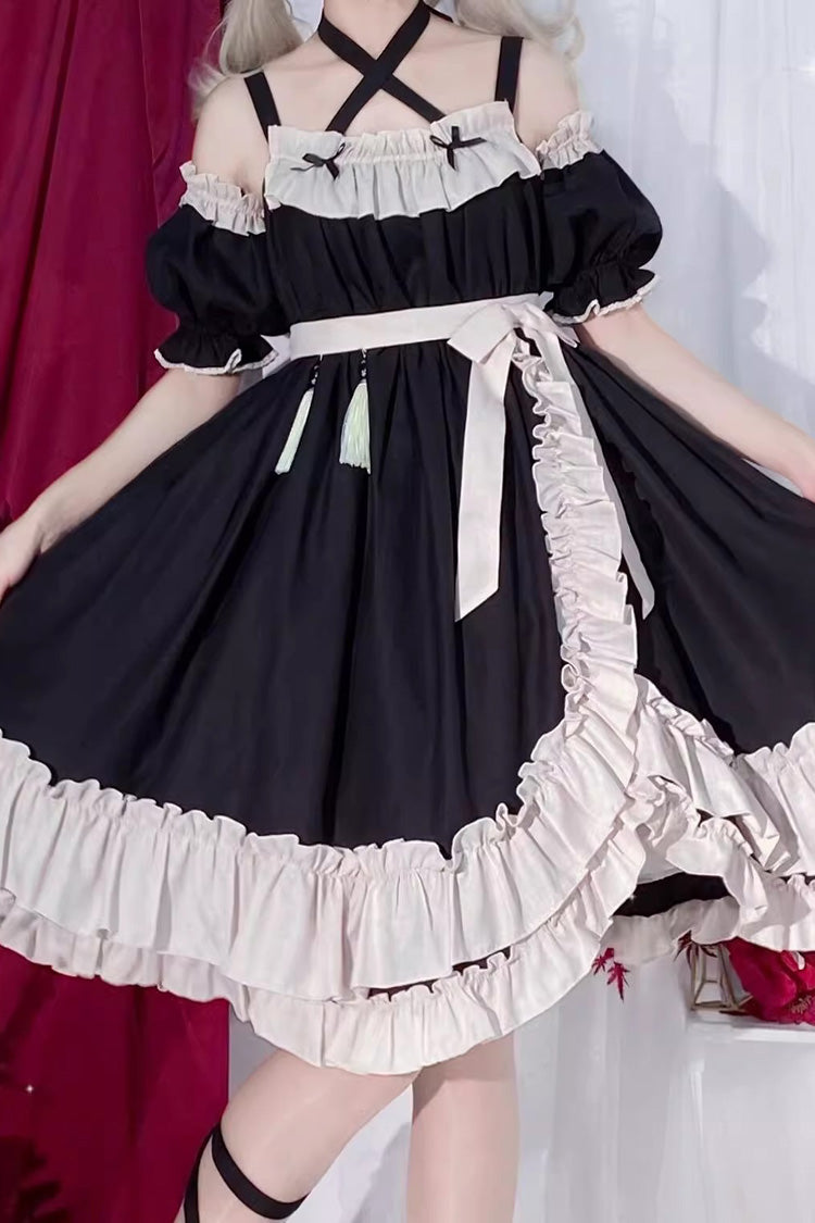 Black High-Waisted Asymmetric JSK Dress with Bowknot