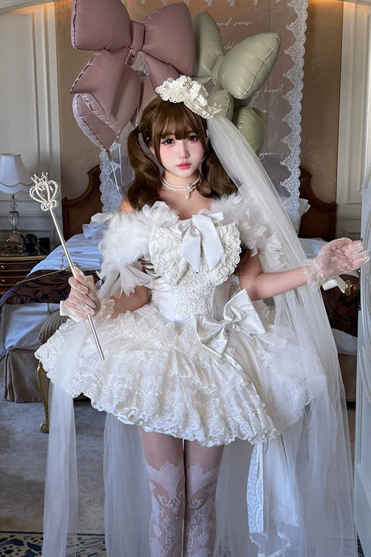 Ivory Sleeveless Layered Lace JSK Dress with Bow Details - White Feather Promise