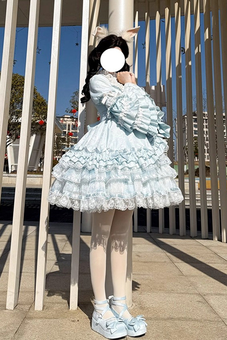 Blue Soloist Doll Long Hime Sleeve Multi-Layer Print Ruffle Bow Asymmetrical Sweet Lolita