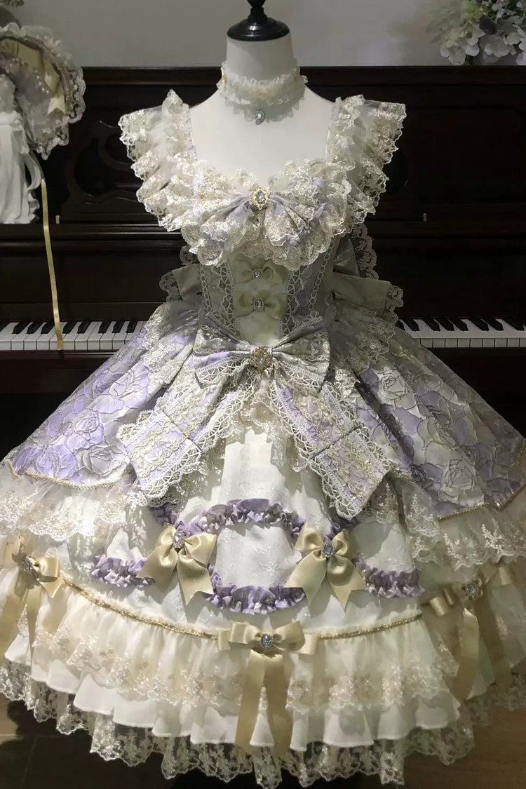 Gilded Waltz Violet Square Collar Sleeveless Embroidered Bow Lace Lolita JSK - Gilded Waltz