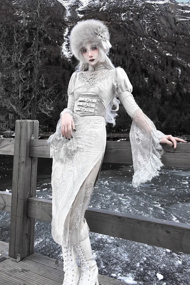 Silver High-Waisted V-Neck Long Sleeve Lace Ruffle Gothic Fishtail Dress - The Call of the Snow Country