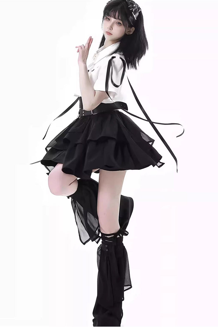 Moonlight Flowing Ruffled Asymmetric Gothic Jirai Kei Skirt Set - White/Black