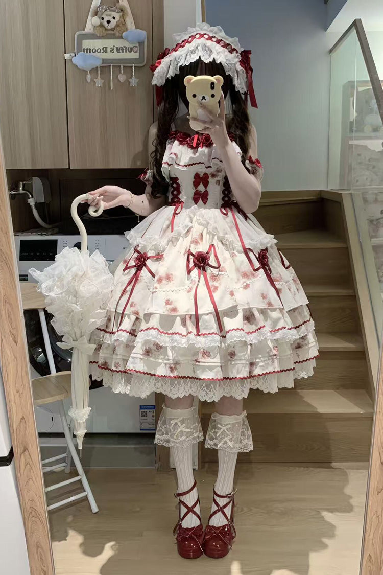 Ivory and Crimson Love Note Sleeveless Multi-Layer Printed Bow Lace-Up Gothic Lolita JSK Set
