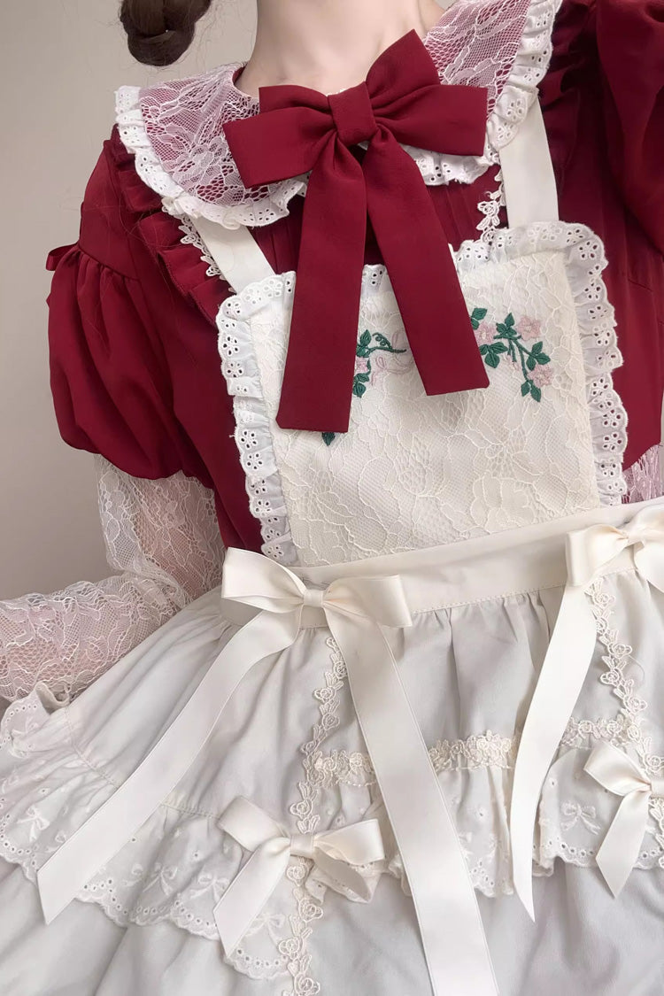 Lapel Collar Long Sleeve Embroidery Bow Lace Sweet Lolita Dress - Red