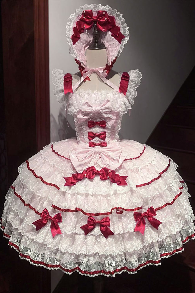 Pink Moon-Tide Butterfly’s Call Sleeveless Multi-Tiered Ruffle Bow Lace Sweet Lolita Jumper Dress