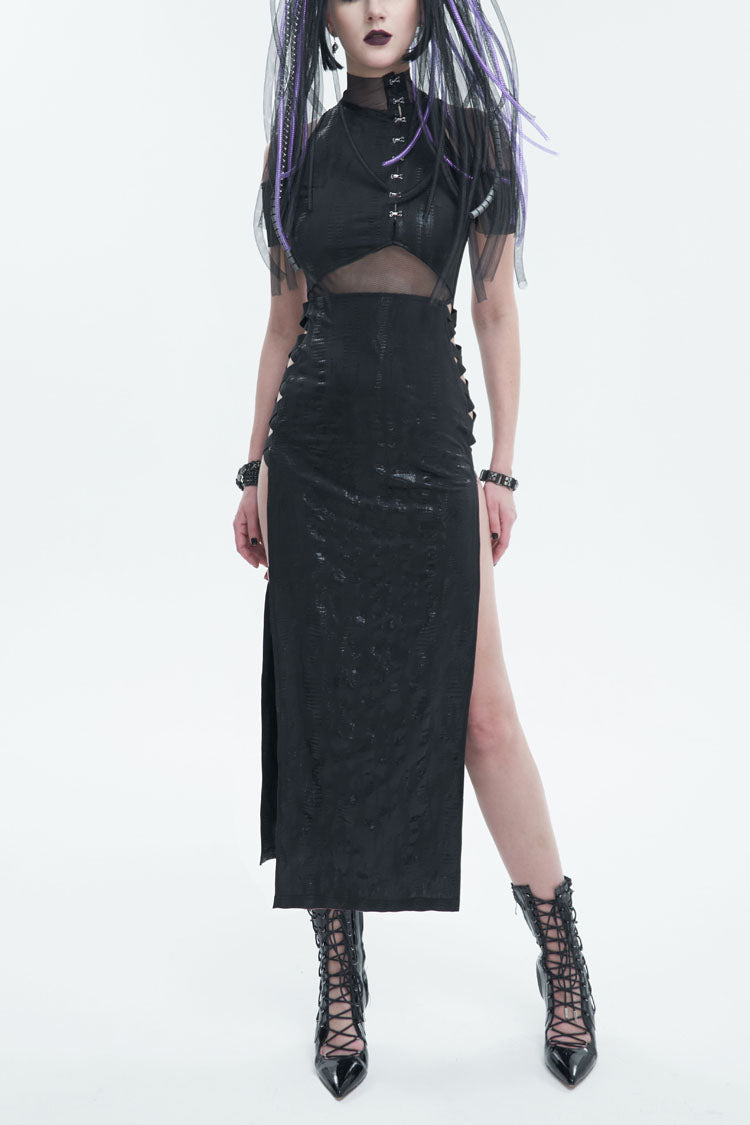 Knit Paneled Mesh Side Slit Punk Dress for Women