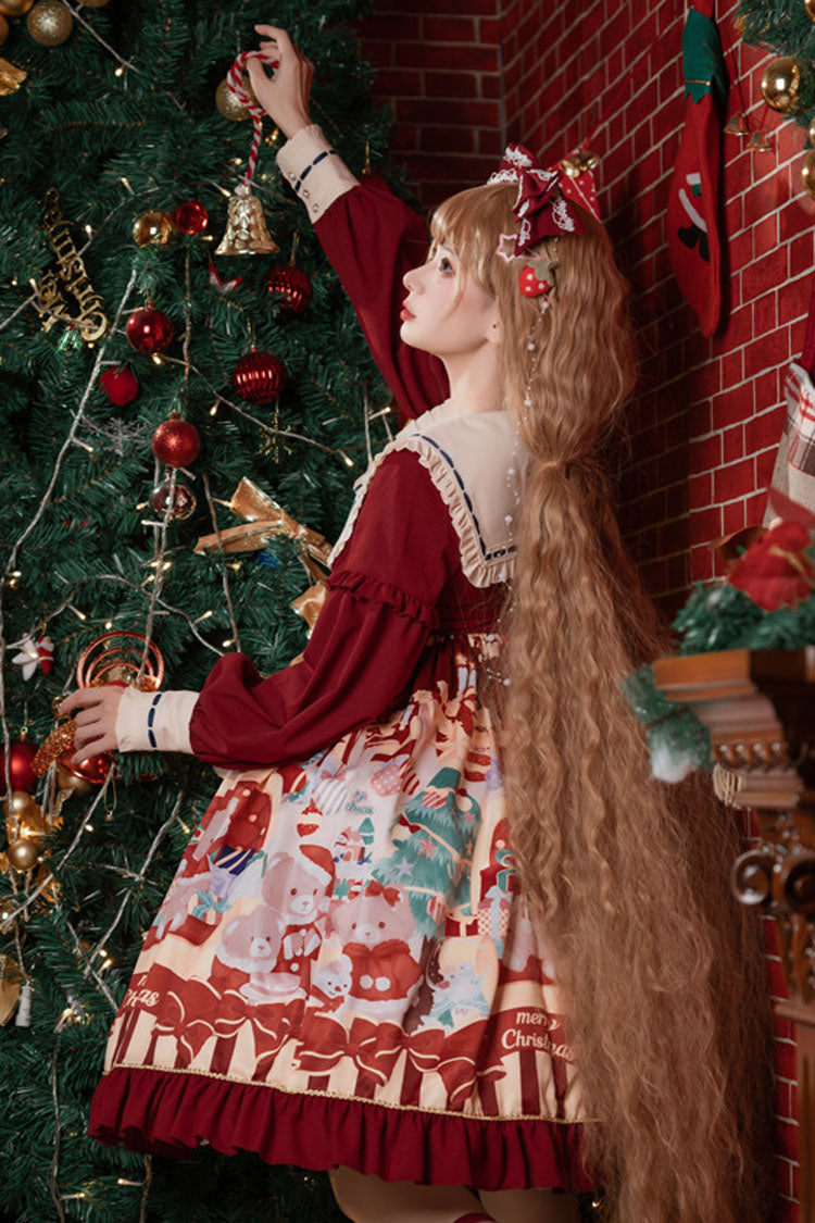 Burgundy Festive Bear Print High-Waisted Ribbon Ruffled Sweet Lolita One-Piece