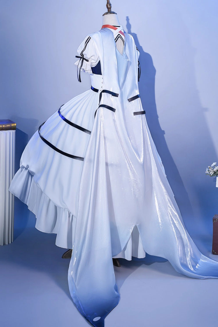 Blue/White Arknights Short Puff Sleeves Ruffle Cardigan Asymmetric Classic Anime Cosplay Lolita Dress Set