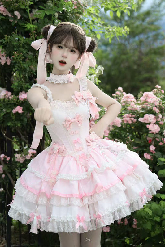 Pink Prelude of Spring Cherry Square Collar Sleeveless Jacquard Lace JSK