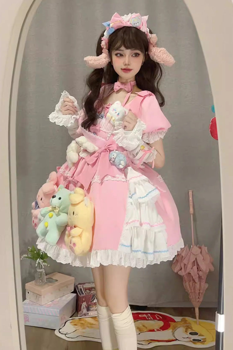 Pink Square-Collar Doll-Print Detachable-Sleeve Bow-Trimmed Princess Sweet Dress