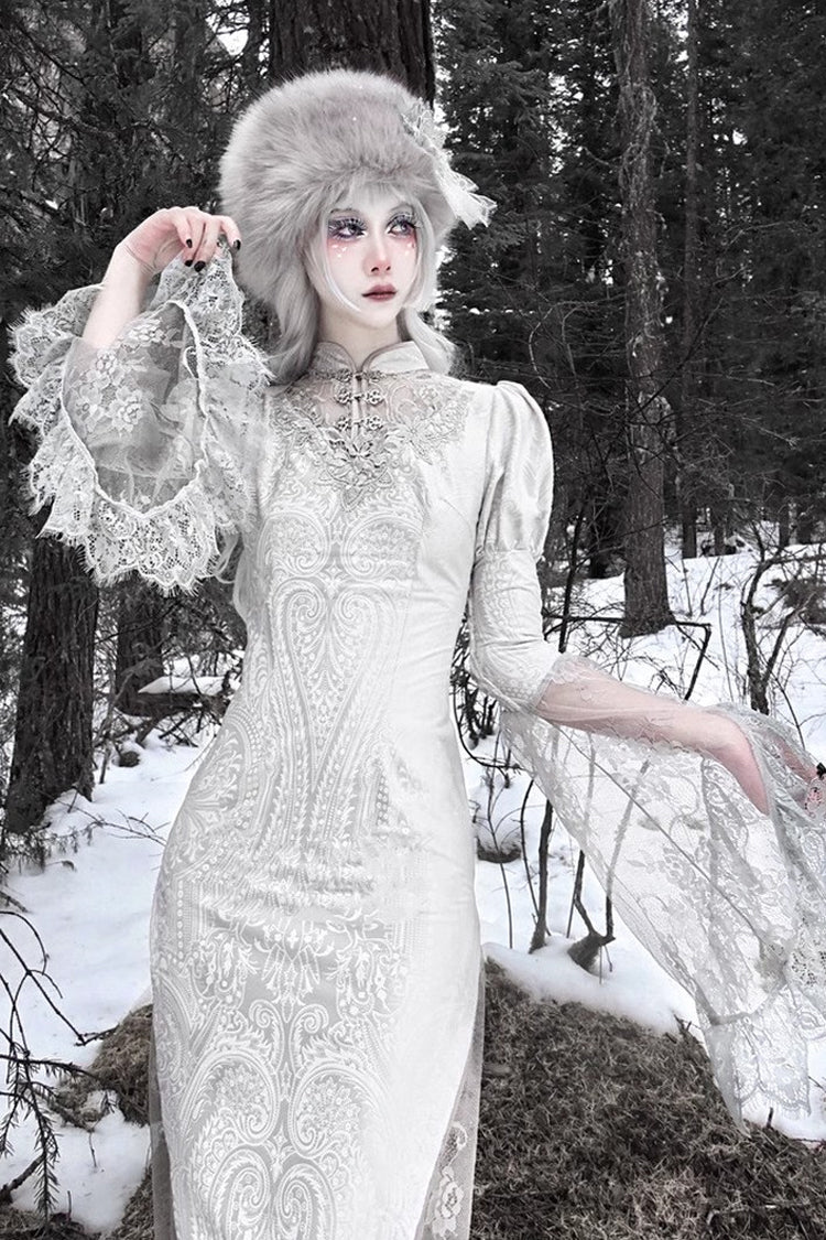 Silver High-Waisted V-Neck Long Sleeve Lace Ruffle Gothic Fishtail Dress - The Call of the Snow Country