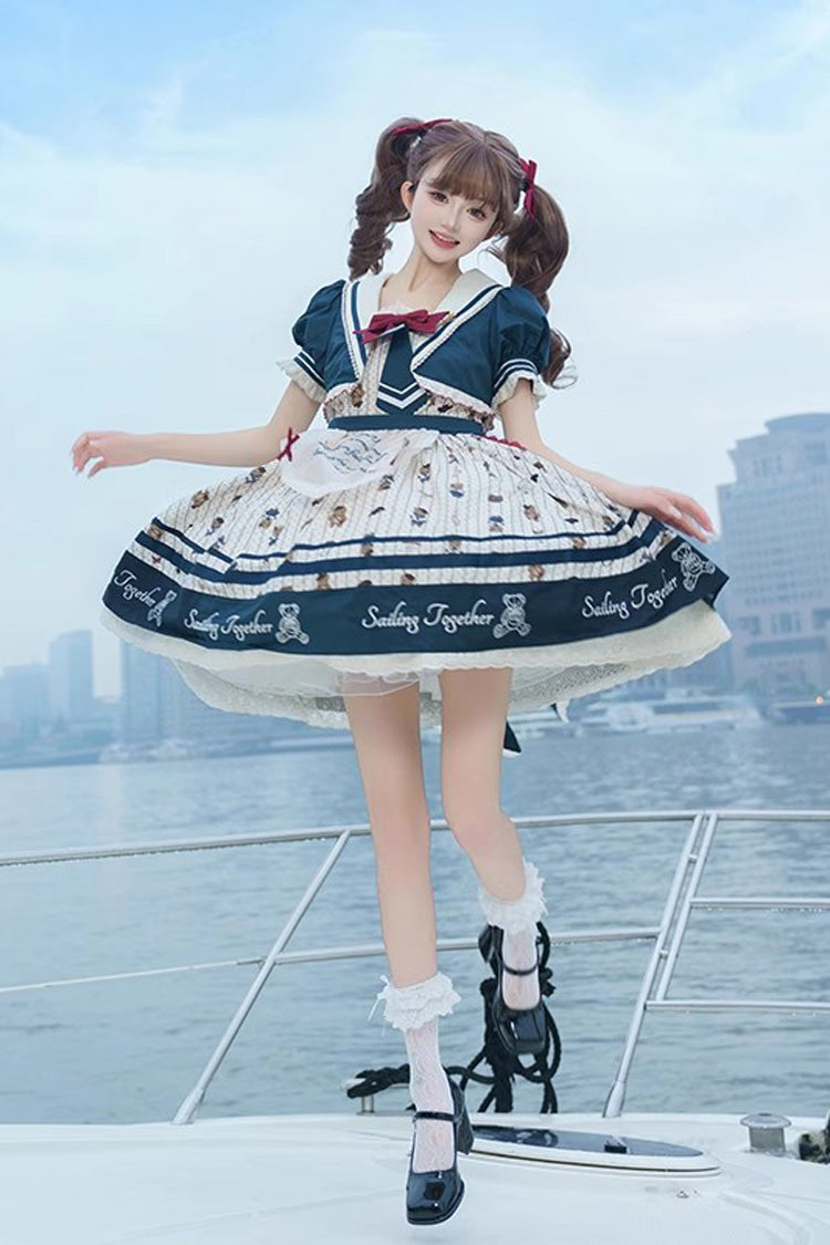 Bear Print Navy Ruffle Bow Princess JSK Dress in Blue White