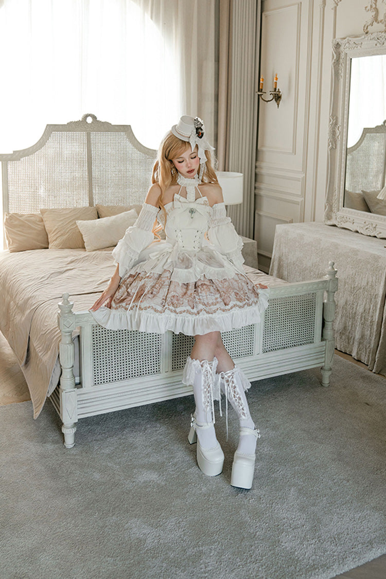 Ivory Halterneck Gothic Dress with Print and Bowknot - The Mystery of The Doll