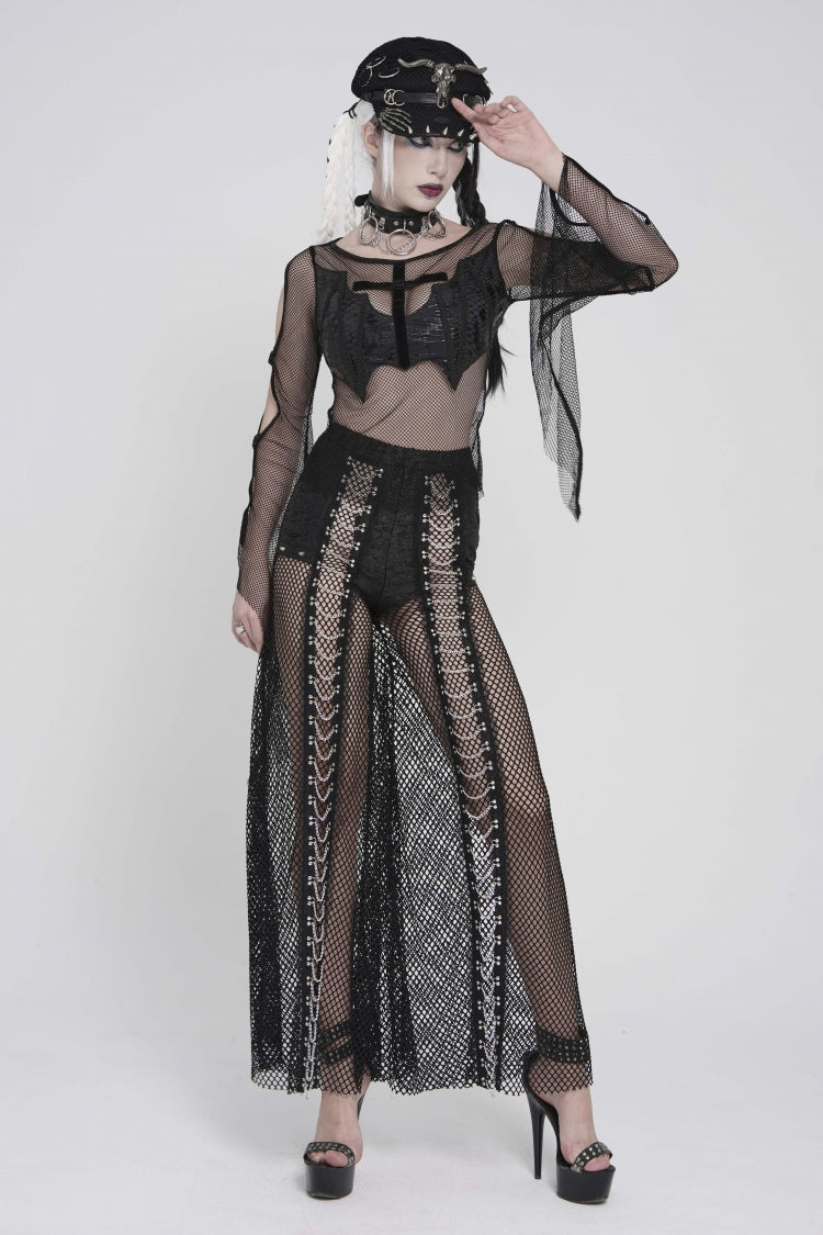 Noir Crewneck Long-Sleeve Sheer Eyelet Punk Bat Cross Mesh Tee for Women
