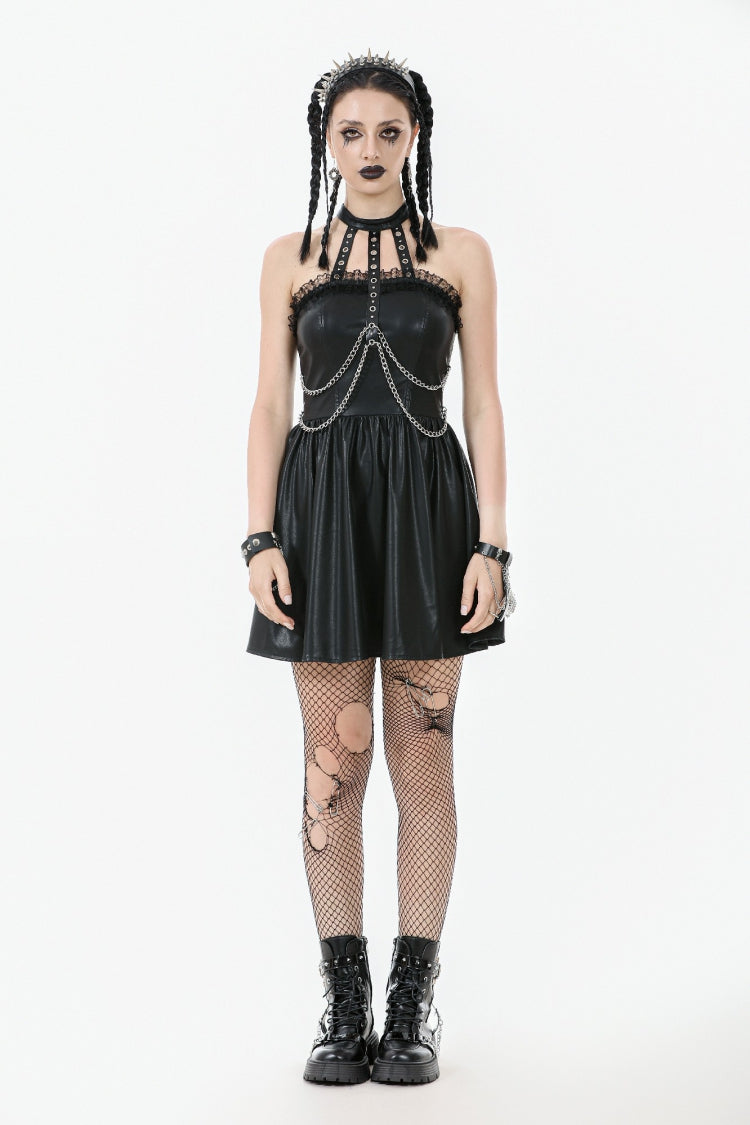 Halterneck Zippered Chain-Decorated Eyelet Punk Faux Leather Dress