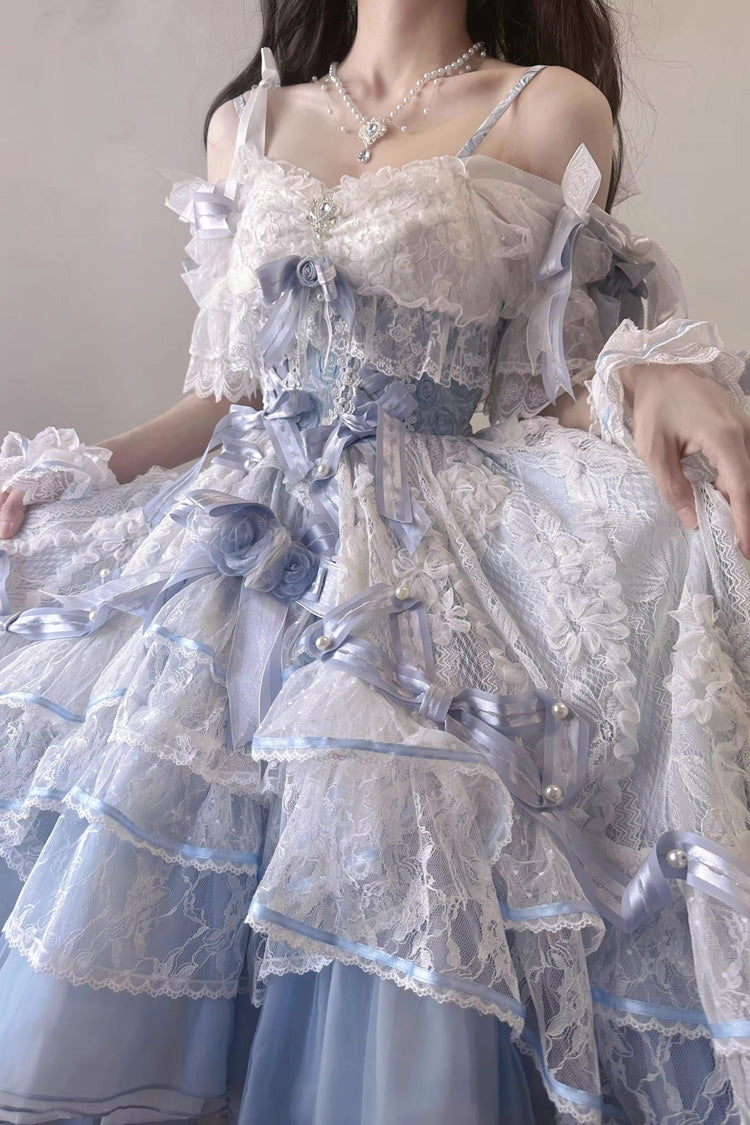 Blue Diane Rose Short Sleeve Jacquard Ruffle Cardigan Bow Lace Sweet Lolita Dress