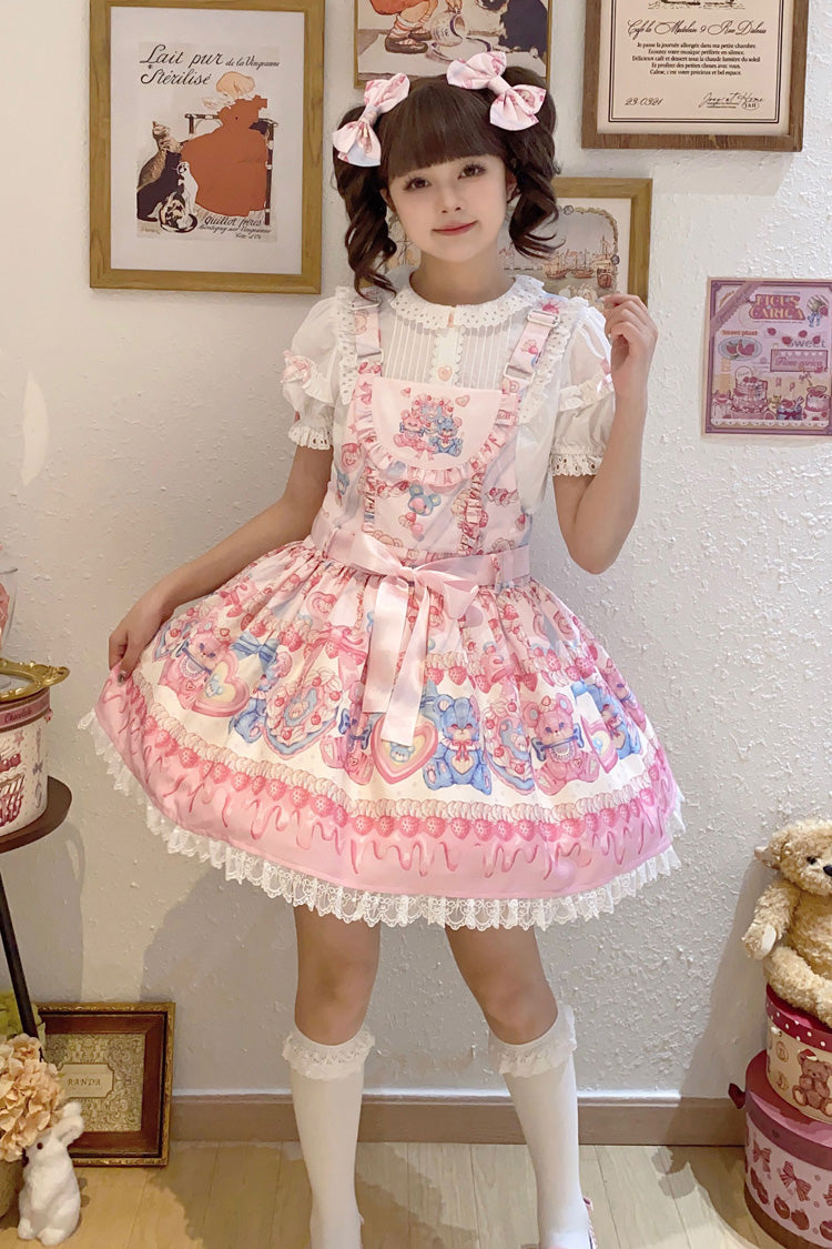 Milky Berry Bear Printed Pink Bow Stitching Lace Sweet Lolita Strap Dress - Miss Brown