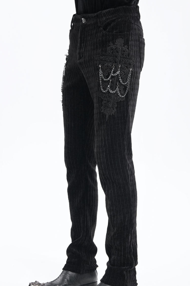 Men's Gothic Pants with Crochet Print and Chain Accent