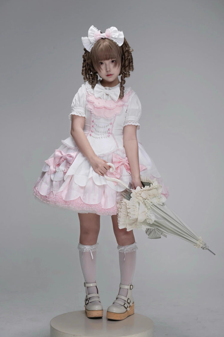 Pale Pink & White Sleeveless Multi-Layer Ruffled Bow Lace Pearl Sweet Lolita JSK