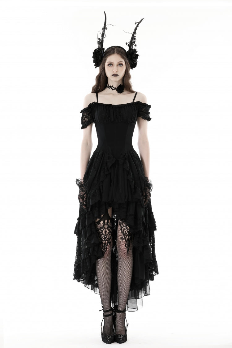 Black Boat Neck Off-Shoulder Short Puff Sleeve Ruffled Lace Lace-Up Irregular Gothic Dress