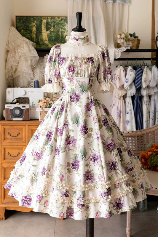 Short Sleeves Grape Printed Dress - Basket of the Forest