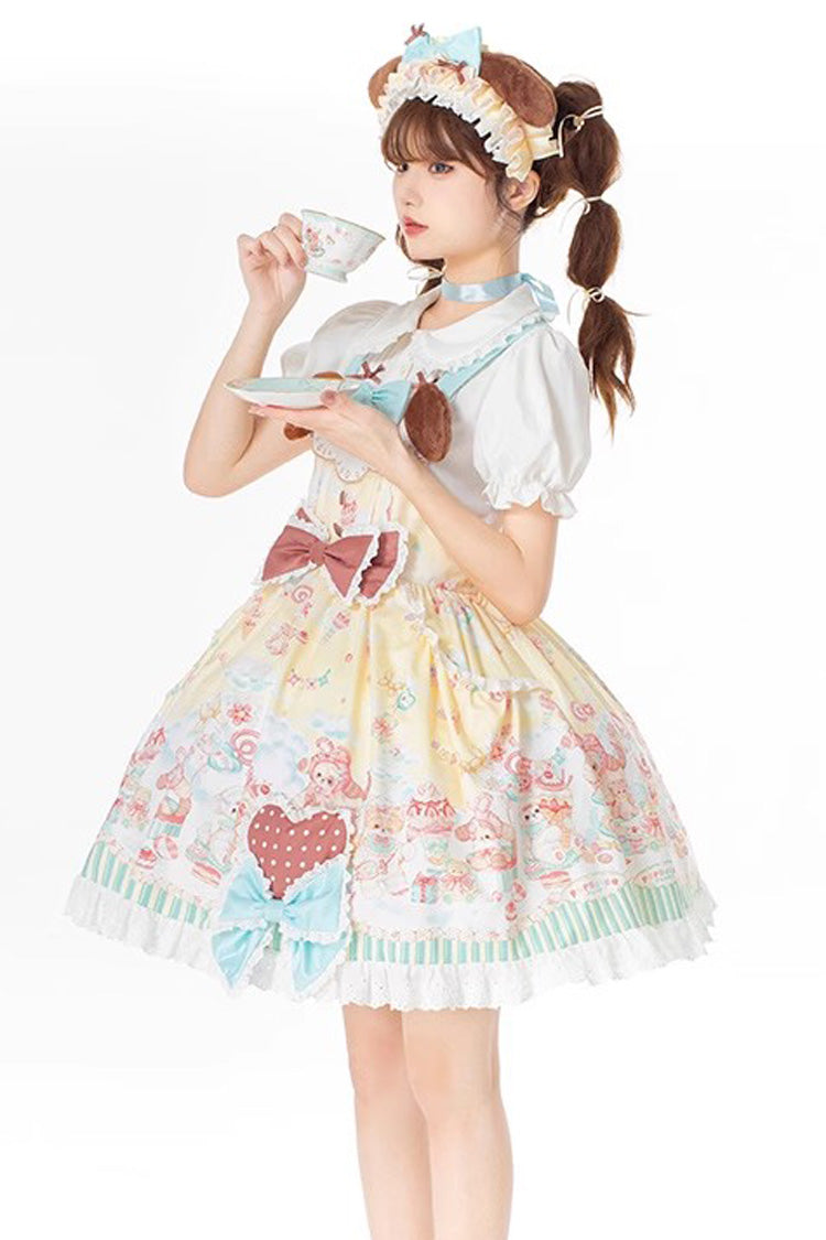 Multi Print Ruffle Bow Vintage Lolita Strap Dress