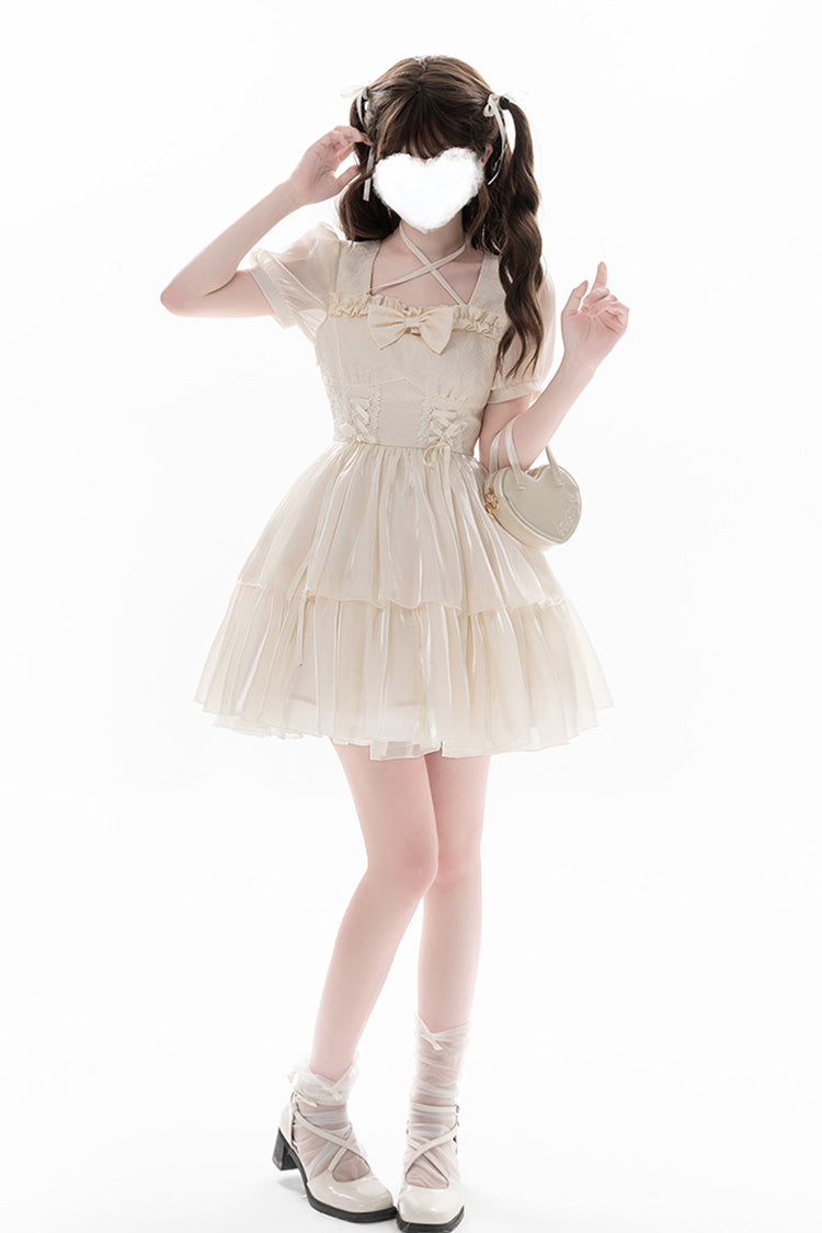 Apricot Sweet Lolita Dress with Multi-Layer Jacquard Ruffles Short Sleeves and Bowknot