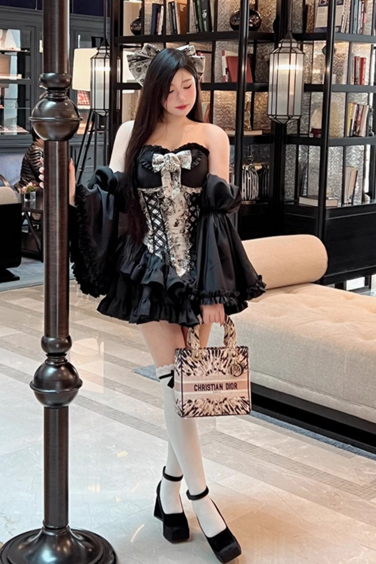 Gentle Treasure Print Ruffle Embroidery Bow Gothic Princess Strapless Dress