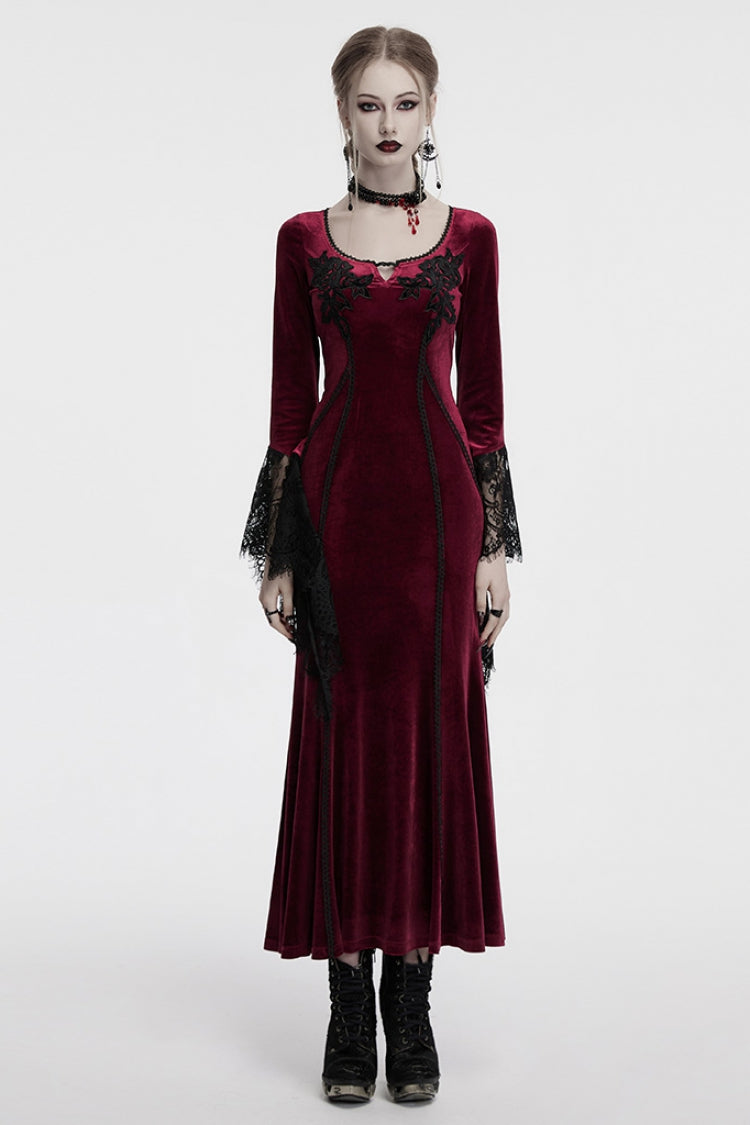 Crimson Floral Stitched Lace Gothic Evening Gown