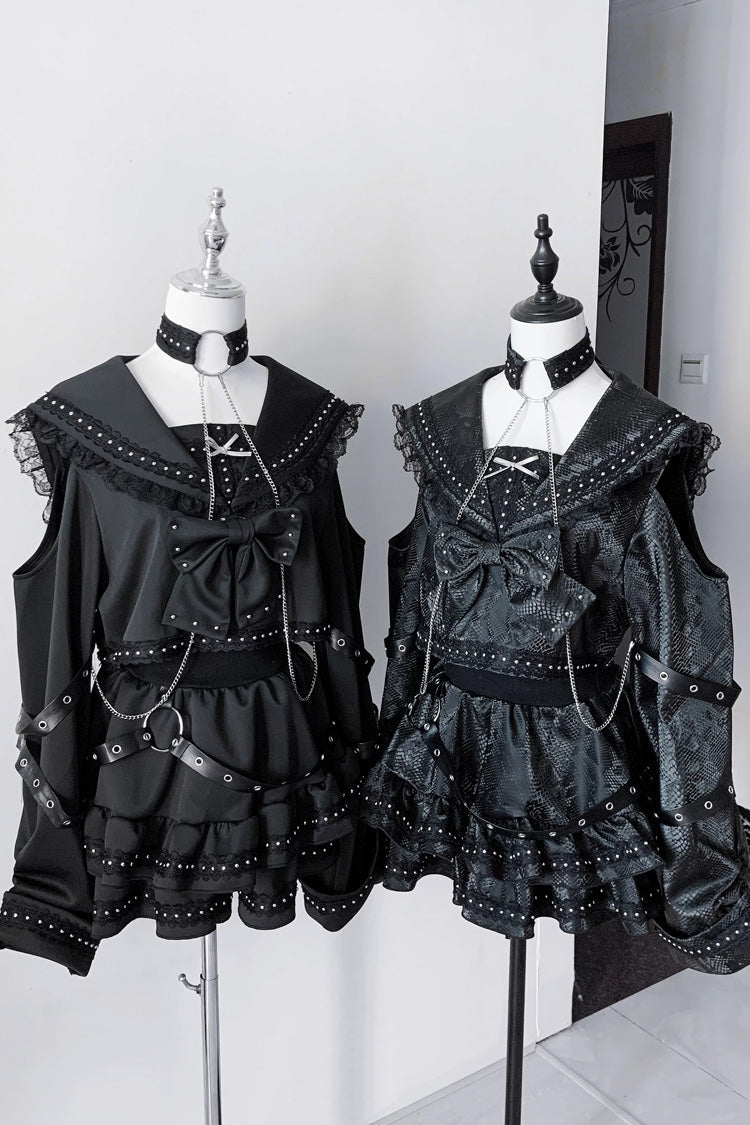Serpent Navy Collar Snake Printed Studded Gothic Skirt Set