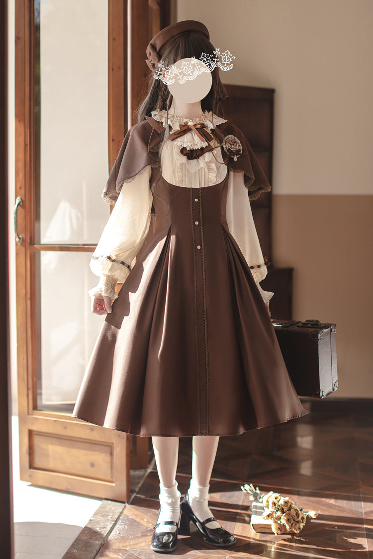 Fake Two Piece Vintage Ruffle Bowknot Lolita Dress Brown White