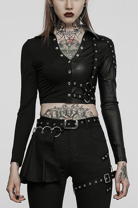 Gothic Cropped Polo Tee with Slim Fit, Straps, Long Sleeves