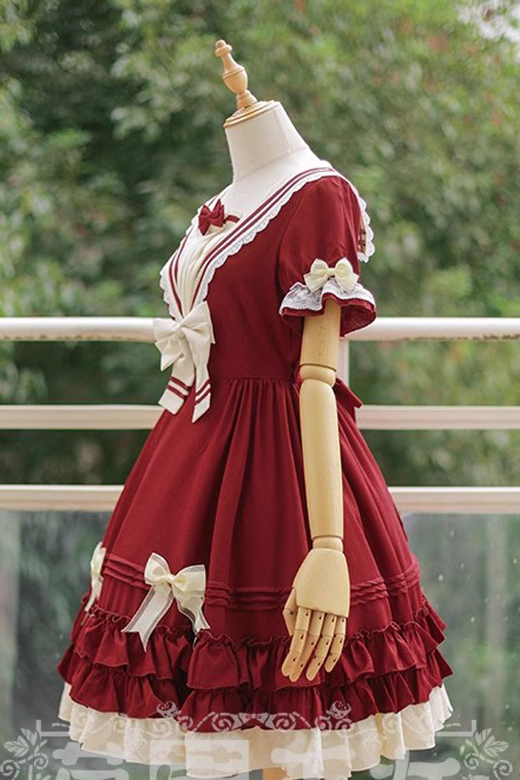 Navy-Inspired Sweet Lolita Dress with Short Sleeves and Bow in 4 Colorways