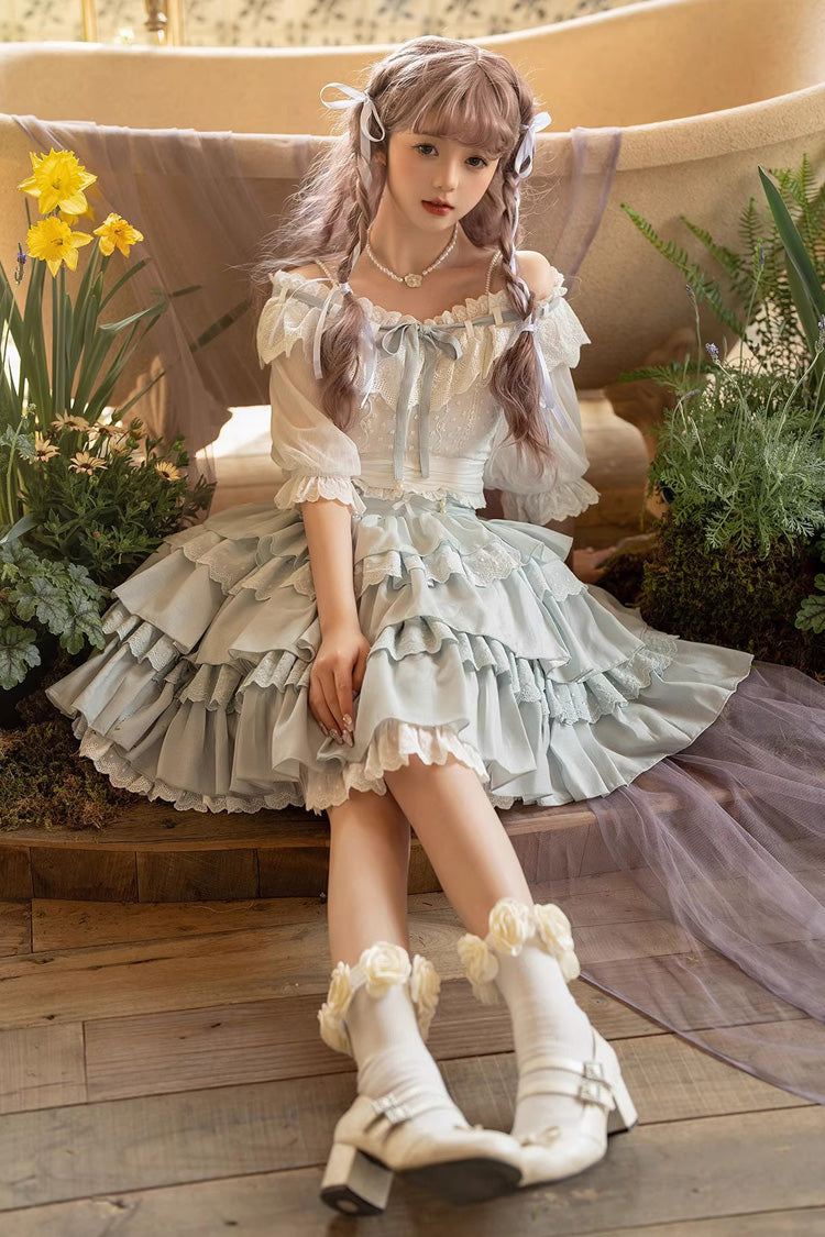Powder Blue Rose Layered Princess Sweet Lolita Mini Skirt