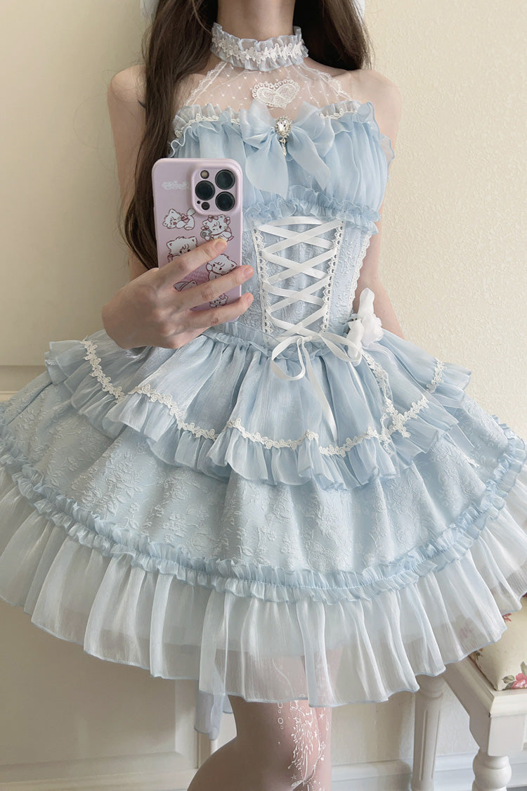 Light Blue Sweet Lolita JSK Halterneck Triple Layered Bowknot Lace