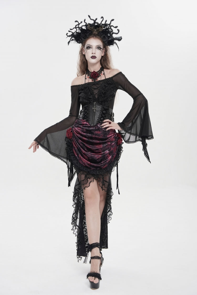 Crimson & Noir Embroidered Rose Lace-Up Asymmetric Hem Gothic Skirt