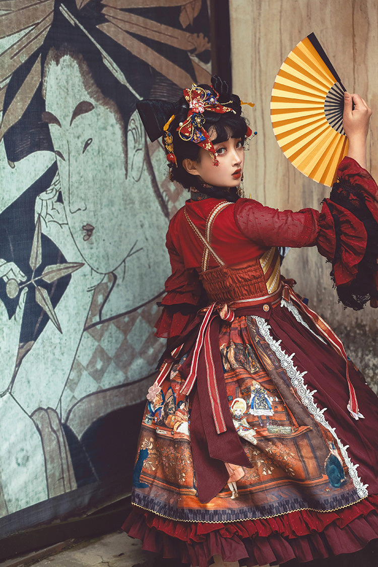 Multi-Color Nightmare Print Japanese Bow Ruffle Jsk Dress