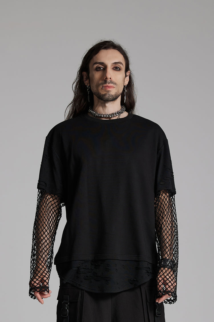 Onyx Crewneck Long-Sleeve Torn Mesh Punk Tee for Men