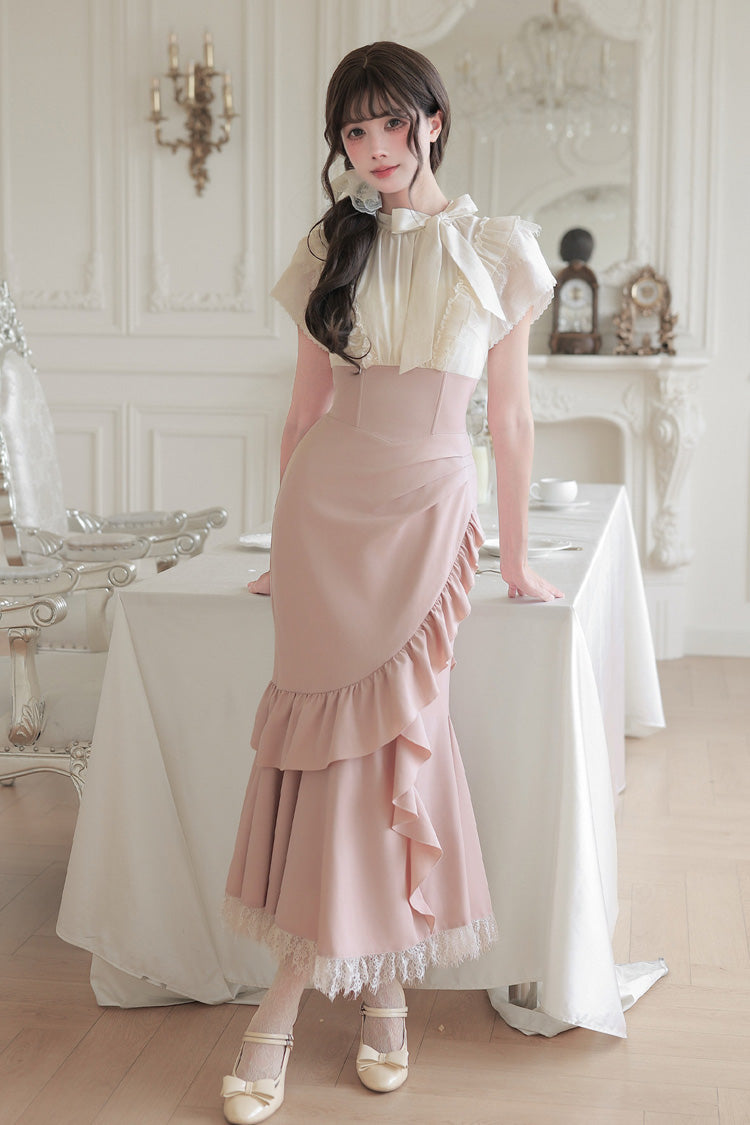 Blush & White Round Collar Short-Sleeve Ruffled Bow Lace Color-Blocked Boned Sweet Lolita Dress