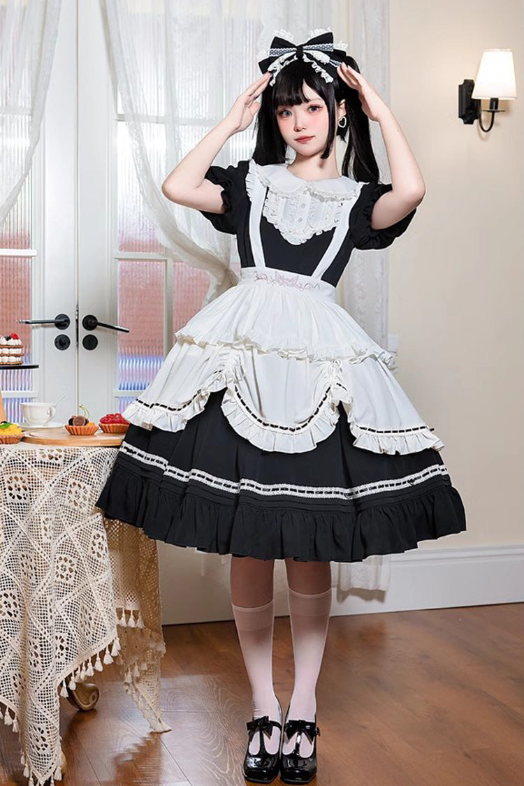Black Lapel Collar Short Sleeves Ruffle Bowknot Gothic Lolita Maid Dress