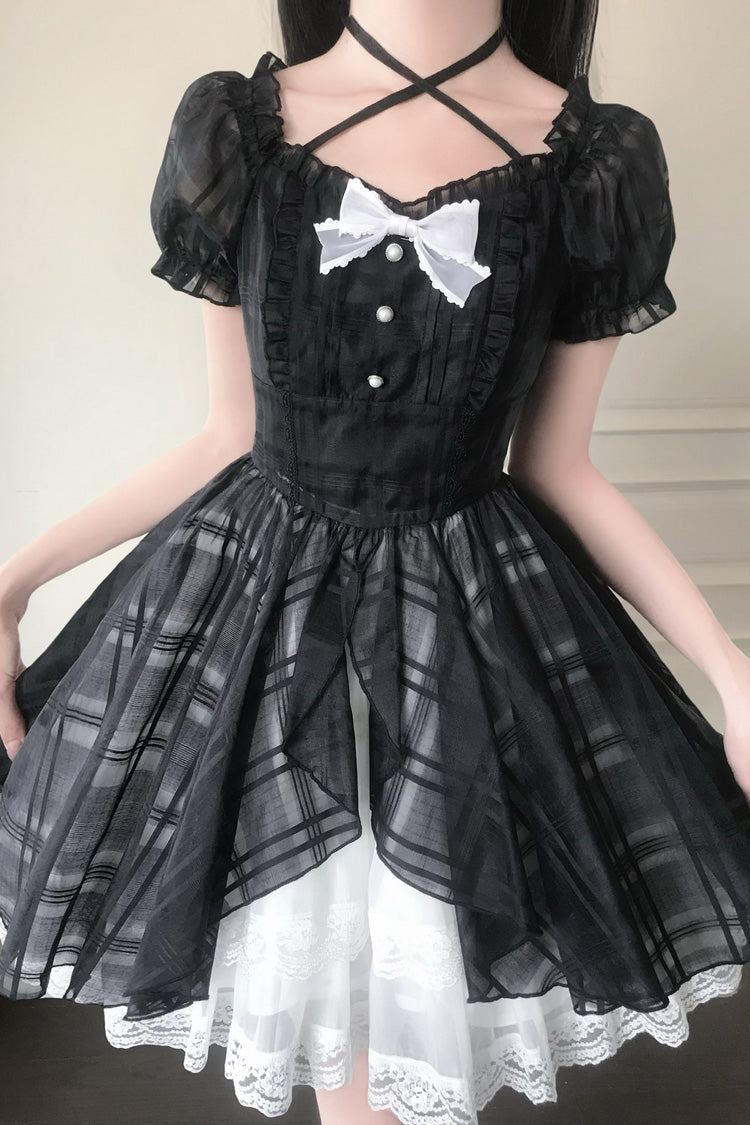 Black/White Square Collar Short Puff Sleeves Plaid Printed Ruffled Bow Lace Sweet Princess Lolita Dress