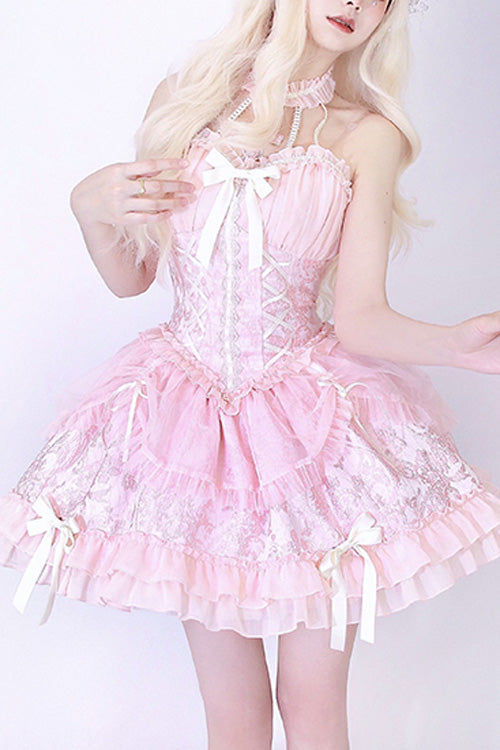 Blush Strapless Sleeveless Bow Accent Ruffled Sweet Lolita Layered Gown