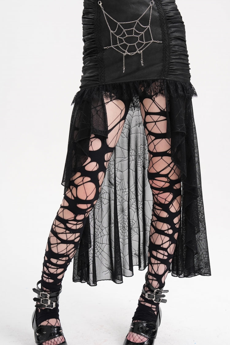 Gothic Skirt with Irregular Hem Lace Chain and Mesh