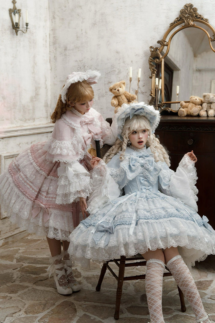 Blue Sleeveless Ruffled Bow Lace Sweet Lolita JSK - Reinas