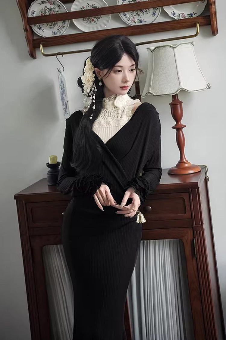 Slim Gothic Fishtail Dress with Stretch Knit - Black