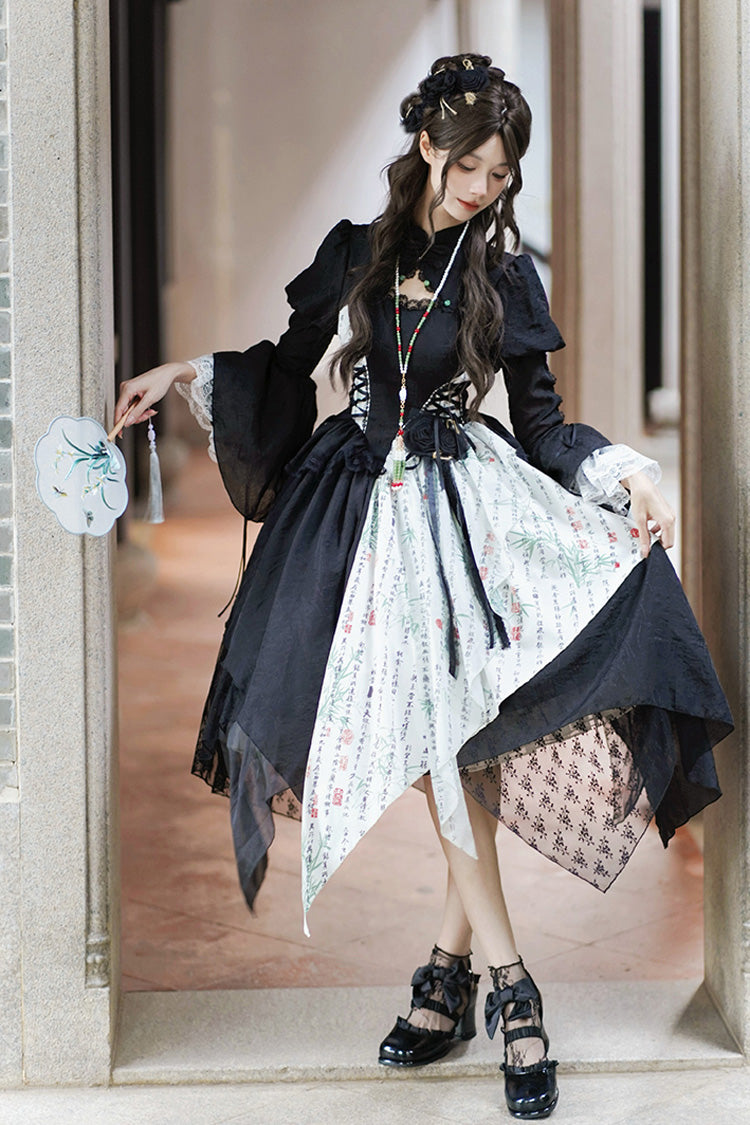Black Asymmetric Color-Block Mini Skirt with Moon Print