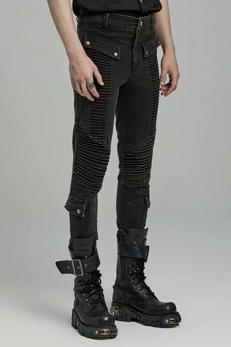 Punk Men's Pleated Cargo Pants, Jet Black