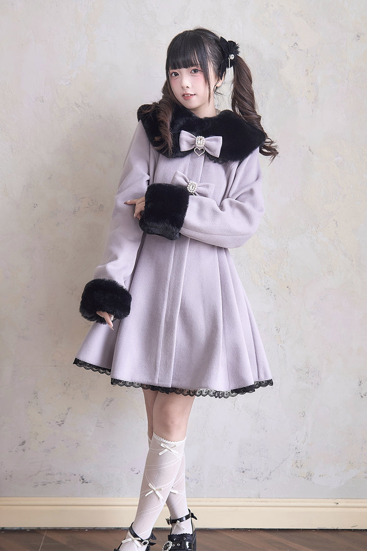 Plush Collar Waist-Cinched Long Sleeve Bow Lace Coat - Lolita Outerwear