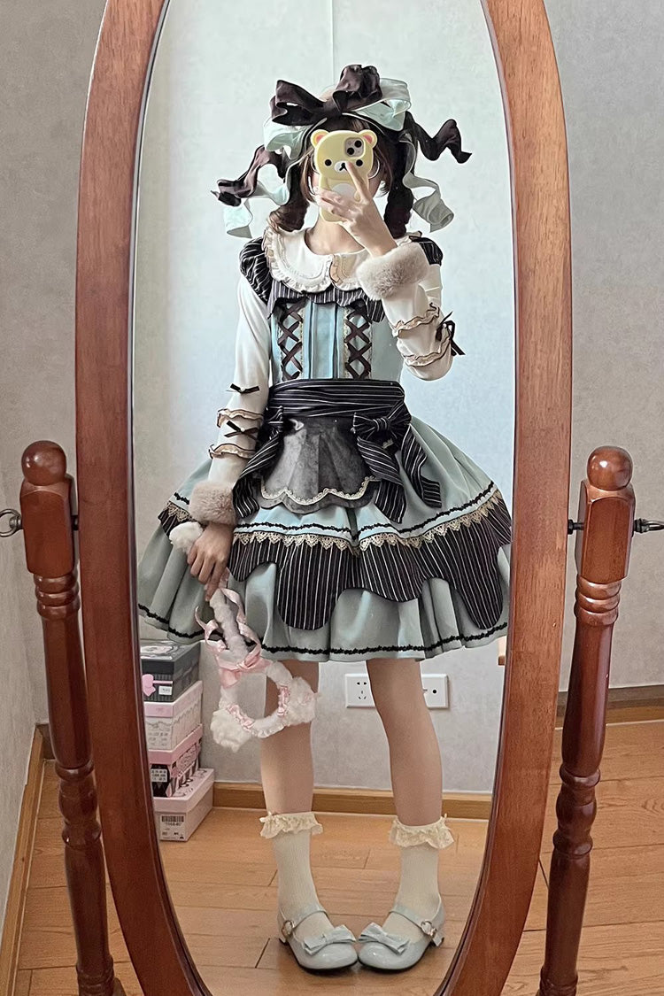 Irregular Sweet Dress with Double-Layered Print and Bow Lace-Up - Strawberry and Mint Chocolate