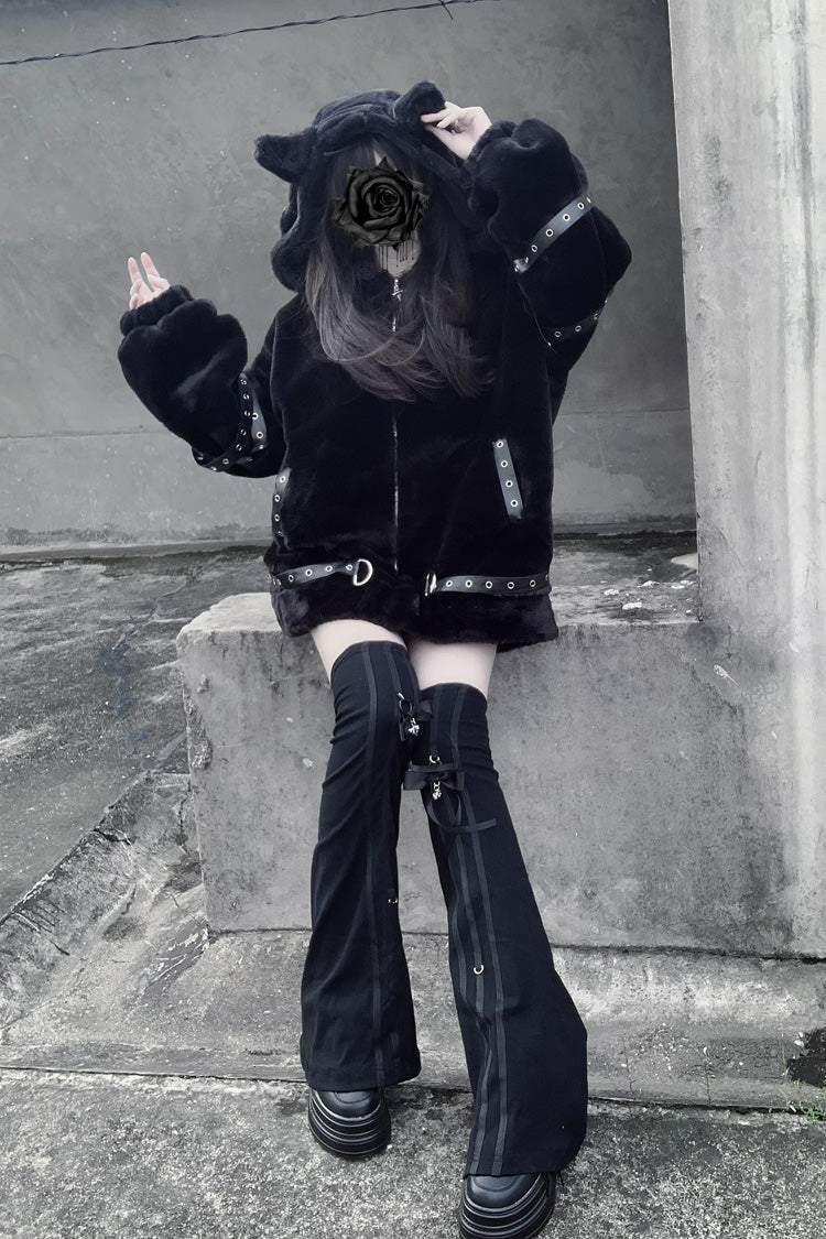 Hooded Jirai Kei Coat with Cat Ears and Zipper - Night Hunter, 2 Colors